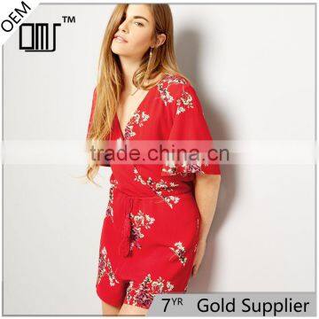 Drawstring short sleeve playsuit for women rayon floral clothing