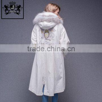 Lastest Design Winter White Coat Jacket Women Real Fur Lined Fur Parka With Fluffy Raccoon Hood and Embroidery photo-4