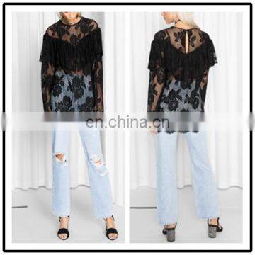 Casual Fshion Black Flower Lace Long Sleeve Top