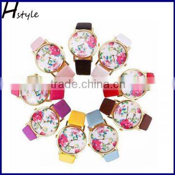 2016 High Quality Fashion Women Floral Quartz Watch Leather Wristwatch WP013