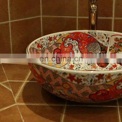 Beautiful European Retro Style Round Ceramic Countertop Bathroom Wash Basin For Hotel photo-3