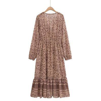 New French Retro Printed V-neck Elegant Slimming A-line Layered Decorative Print MIDI Dress photo-2