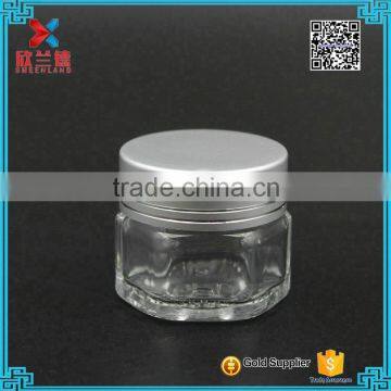 20g hexagonal clear cosmetic cream glass jar with matte silve lid manufacturer made in China