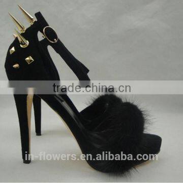 BLACK Satin Feather Fluffy Rivet high heel shoes sandals for lady