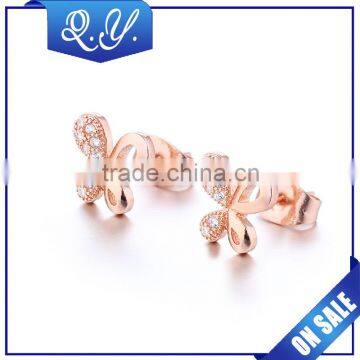 Rose gold plated ear piercing jewelry bowknot CZ ear stud china wholesale