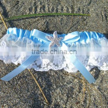 Starfish Beach Wedding Garter,Something Sky Blue Ribbon Lace Garter