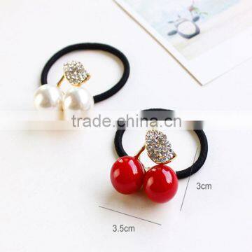 Elegant Red White Simulated Pearl Rhineston Leaf Cherry Rubber Band Elastic Hair Bands Girls Hair Accessories for Women Headwear photo-4