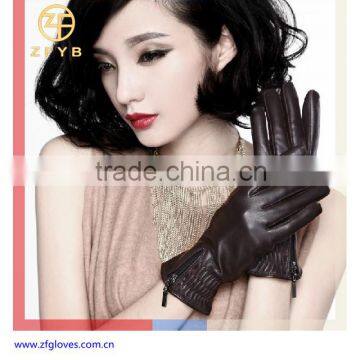 famale sheep skin thin leather winter warm gloves with elastic cuff