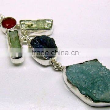 Carnelian Kyanite Aquamarine & Tanzanite Rough Gemstone Pendant, 925 Solid Sterling Silver Pendant, Designer Raw Bezel Pendant