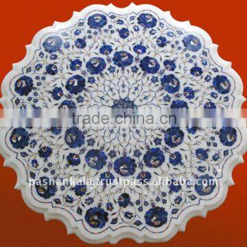 White Marble Inlay Semi Precious Stone Table Top Round Shape