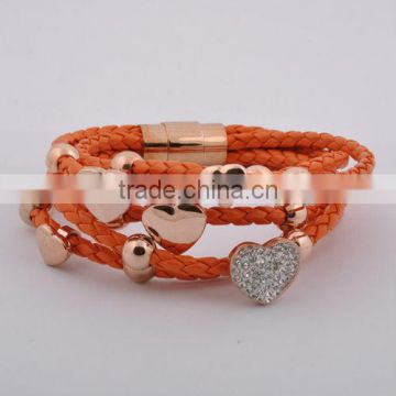 Braided Leather Cord Bracelet With Heart Charms Shiny Crystals(GB10477)