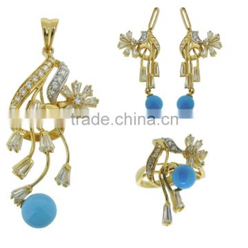 18k solid gold cz turquoise jewelry QPH 053, wholesale direct manufacturer, high quality goods