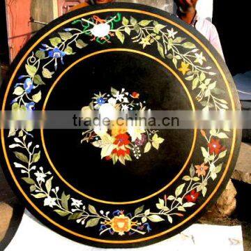 Round Black Marble Stone Inlay Dinning Table Top Pietra Dura Table Top