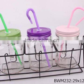 3pcs glass mason jar in a metal rack