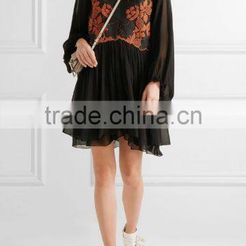 New Style Bohemian Floral Embroidery Design Embroidered Linen And Silk-Chiffon Long Billowy Sleeves Mini Dress 2017 HSD5908 photo-4