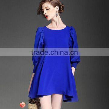 Women elegant bracelet sleeve round neck satin blue color high waist short dress