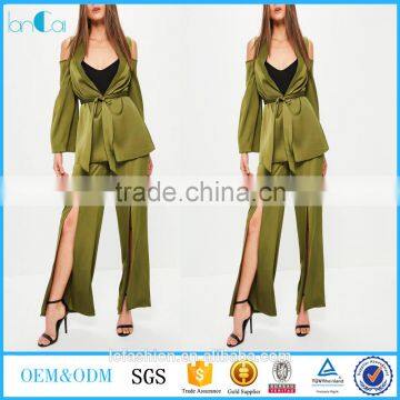 Picture of office ladies cold shoulder tie waist satin blazer green two piece sets for office ladies