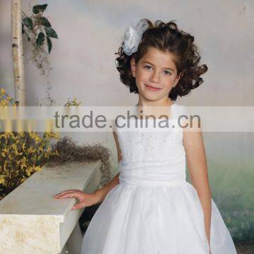 White Satin off Shoulder High Neck Beaded Flower Girl Dress photo-2