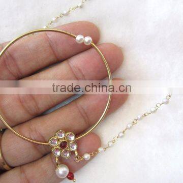 BIG HOOP NATH Press NOSE RING GOLD PLATED POLKI PEARL photo-3