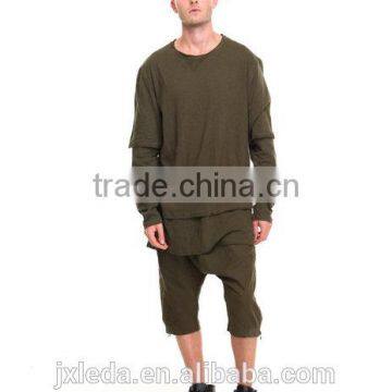 Pieced Layered Construction Raw Mens Athleisure Crew Neck Collar Longline Tees photo-2