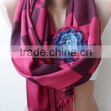 Burgundy Shawls With Rose, Plaid Pattern Scarf, Crochet Rose, Fashion Scarf, Plaid Pattern Scarf, Elegant, Bridesmaid Shawls, We photo-5