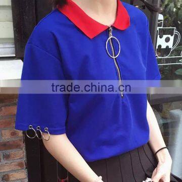 Newest Design Ring Zipper Polo Neck Girl t Shirts With Eyelets and Ring Wholesale photo-2