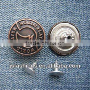 Letter printed rust color brass jeans button, fashion brass shank button for denim clothes