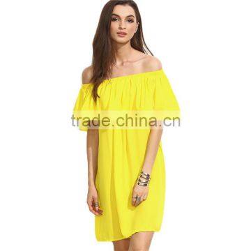 2016 New Style Woman Fashion Straight Dresses Yellow Ruffle Off The Shoulder Short Sleeve Shift Dress