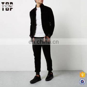 Wholesale clothing latest design black custom velour tracksuits men no hood