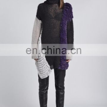 Grid Design Fur Knitted Loose Sweater Rex Rabbit Fur Knitting Coat Spring Style Oversize Knitting Pullover