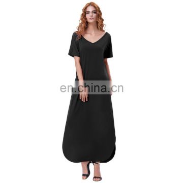 Kate Kasin Womens V-Neck Short Sleeve Black Casual Loose Side Split Maxi Dress KK000673-1