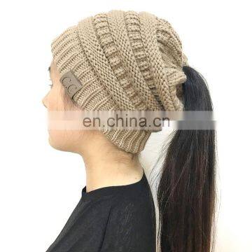 2018 wholesale winter outdoor knitting women girl ponytail CC Thick Slouchy Knit Beanie Cap Hat