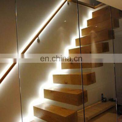 LED Home Used Straight Floating Staircase With Safety Solid Wood Stairs Steps photo-2