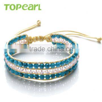 Topearl Jewelry Turquoise and Crystal Bracelet Woven Leather Wrap Bracelet for Women CLL177