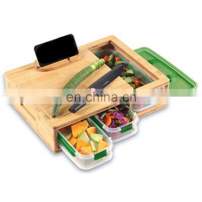 Free Sample Wholesale Kitchen 3 Compartments Multifunction Eco Friendly Organic Storage Bamboo Cutting Board With Grater Drawer