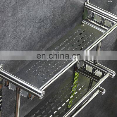 Hot Two Tier Wall Mounted Bathroom Rack Bathroom Shelf Stainless Steel Towel Rack Hanging Rack Shampoo Storage Organizer w Hook photo-5