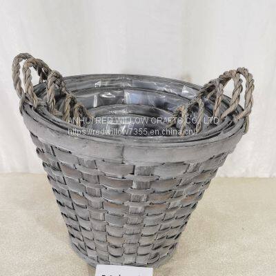 Custom Natural Material Grey Painted Storage Willow Basket With Ears And Plastic Liners