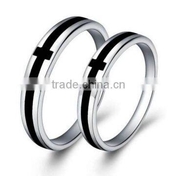 Silver Plated Wedding Rings Mens Womens Black Agate Strip Cross Rings for Couples