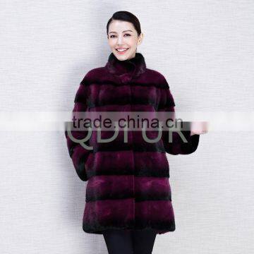 QD80690 European Mink Fur Long Winter Women Coat Purple Black Striped