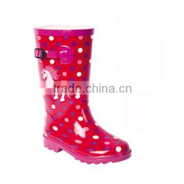 ladies dot print rubber knee high boots with horse decal gum boots with buckle