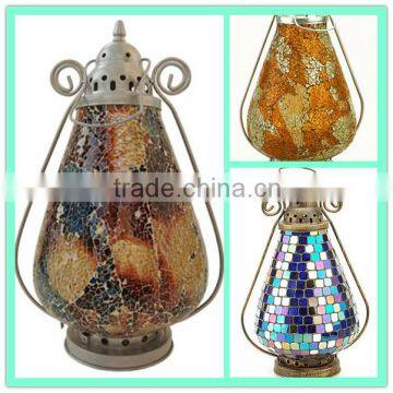 Metal Antique Cast Iron Glass Mosaic Hurricane Candle Lantern