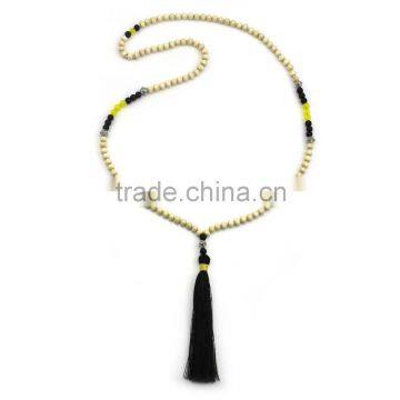 Original Natural Wood Beads Dull Polish Alloy Ball Jade Ball Long Tassels Beaded Necklace