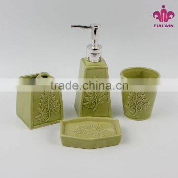 Ceramic green bathroom accessories set,ceramic bath set 4 with green leave pattern