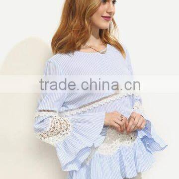 Blouses Latest Fashion Design Women Clothing Blue Striped Hollow Insert Bell Sleeve Blouse photo-5