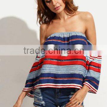 Blouses latest fashion design women clothing Multicolor Striped Off The Shoulder Blouse