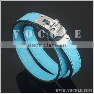 Sky blue bright color genuine leather metal clasp bracelet for women