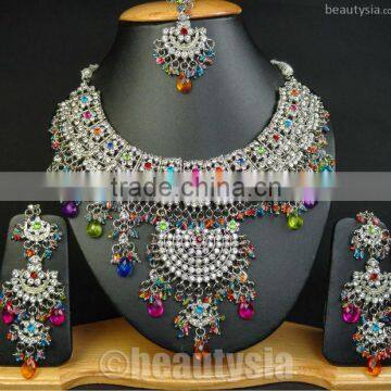 Stunning Handicraft Nuggets Silver Plated F59 Multi Neelam Necklace Set