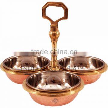 IndianArtVilla Handmade Steel Copper 3 Bowl Compartment Condiment Pickle Set for Dish SERVING Restaurant Hotel Home Ware