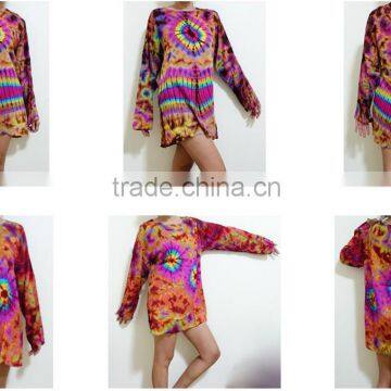 HIPPIE BOHO thai handmade tie dye festival chic tunic top shirt blouse long sleeves