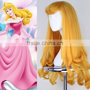 Sleeping beauty Aurora cosplay wig long curly cheap synthetic wigs from manufacturer accept custom